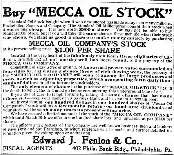 Mecca Oil Stock Newspaper Advertisement - 1901