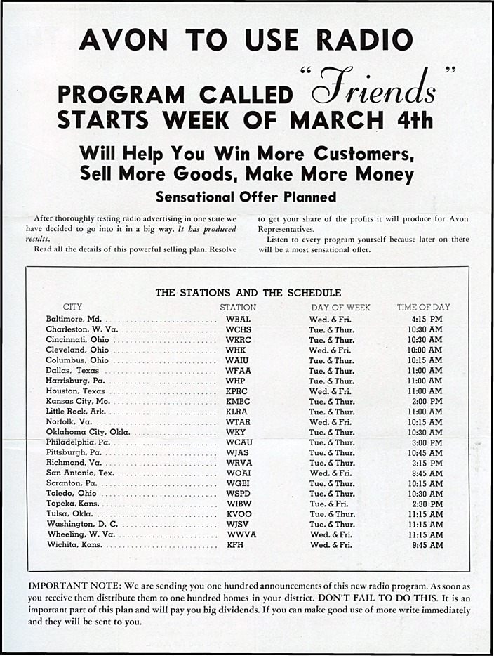 Announcement for the Avon Radio Show, "Friends" - 1935