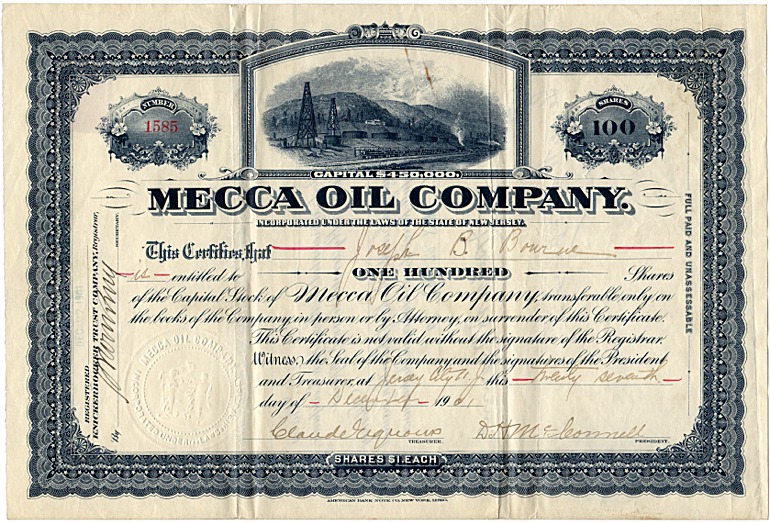 Mecca Oil Company Stock Certificate - 1901