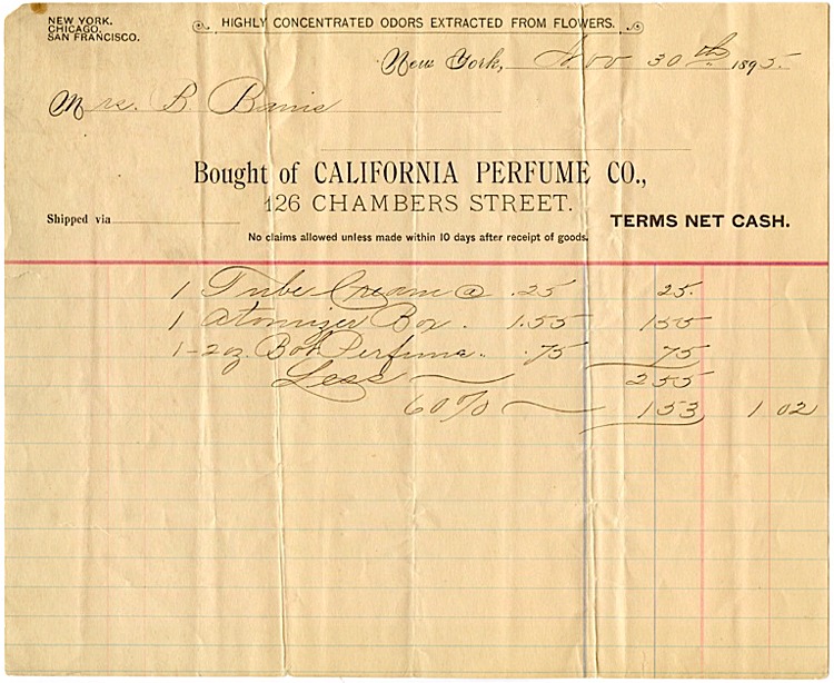 California Perfume Company Shipping Invoice - November 30, 1895