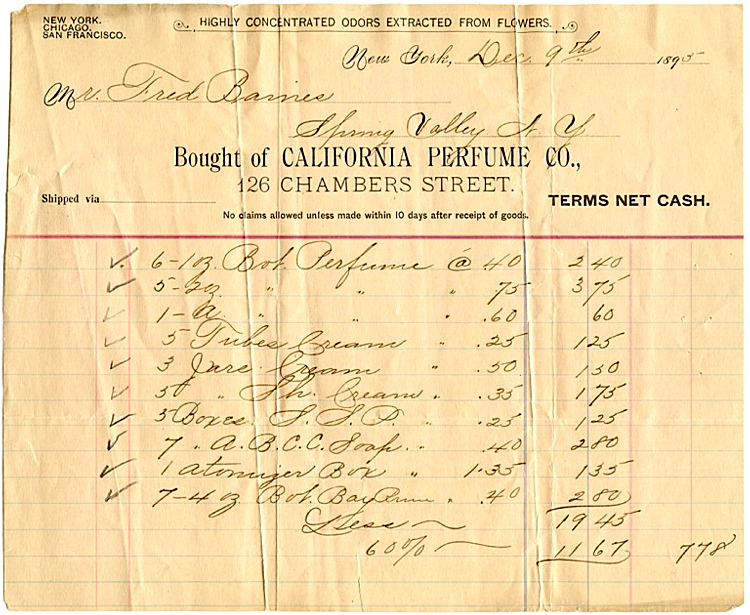 California Perfume Company Shipping Invoice - December 9, 1895