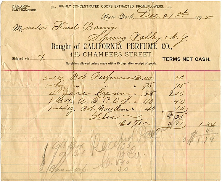 California Perfume Company Shipping Invoice - December 21, 1895