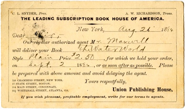 Union Publishing House - Post Card Back - 1884