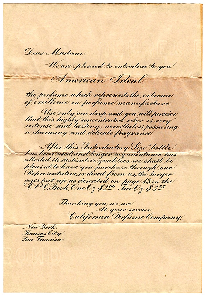 CPC American Ideal Perfume Introduction Letter - 1913